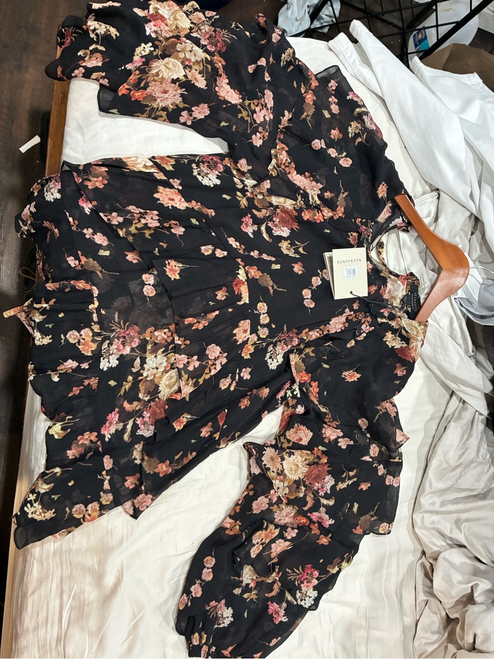 AllSaints Black Floral Ruffle Blouse - Picture 3 of 6